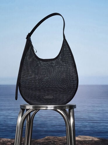 Mesh Crescent Hobo Bag, Jet Black, hi-res