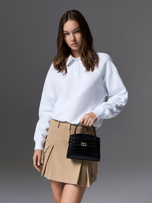 Aubrielle Croc-Effect Belted Top Handle Bag, Black, hi-res