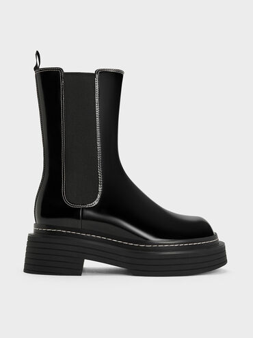 Stitch-Trim Platform Mid-Calf Chelsea Boots, Black Box, hi-res
