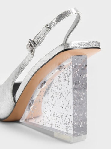 Metallic Crinkle-Effect Speckled-Heel Slingback Wedges, Silver, hi-res