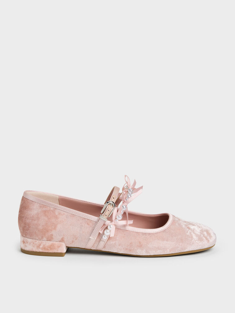 Noelie Velvet & Satin Pearl-Bow Mary Janes, Pink, hi-res