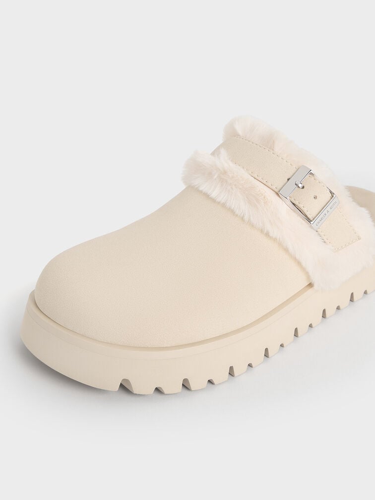 Hannah Textured Fur-Trim Buckled Mules, Beige, hi-res