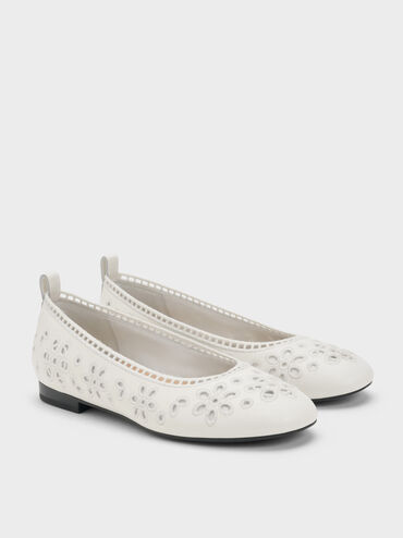 Leather Embroidered Ballet Flats, White, hi-res