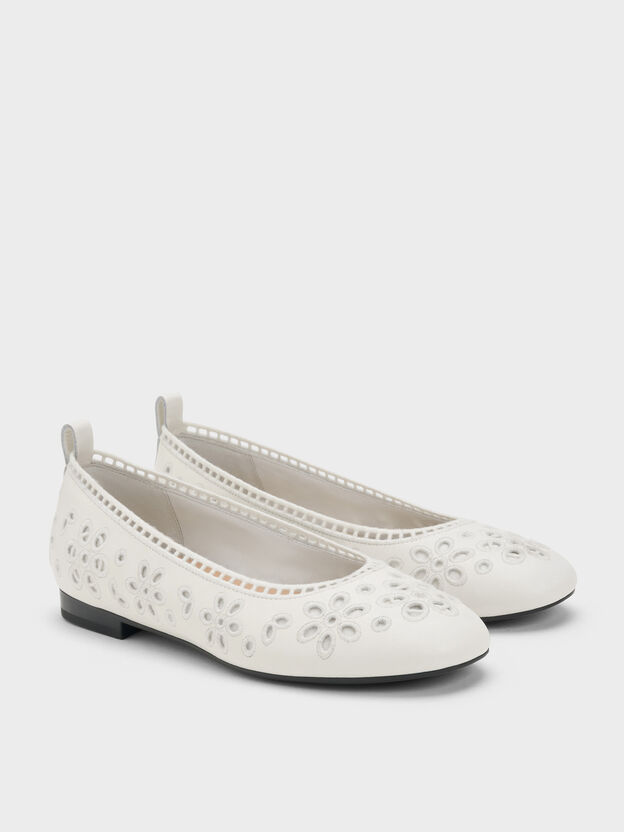 Leather Embroidered Ballet Flats, White, hi-res