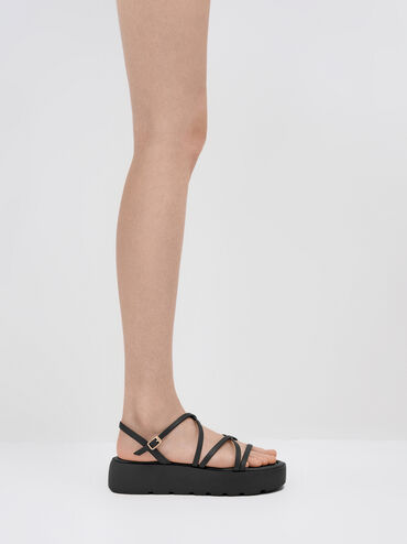 Strappy Ridged-Sole Flatform Sandals, Black, hi-res