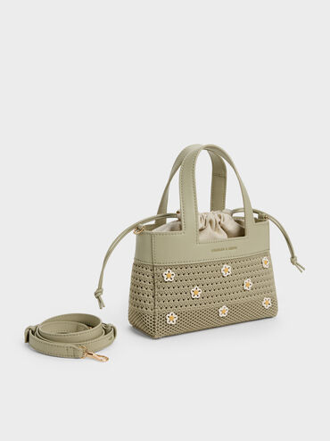 Girls' Ida Flower Knitted Mini Bag, Pale Olive, hi-res
