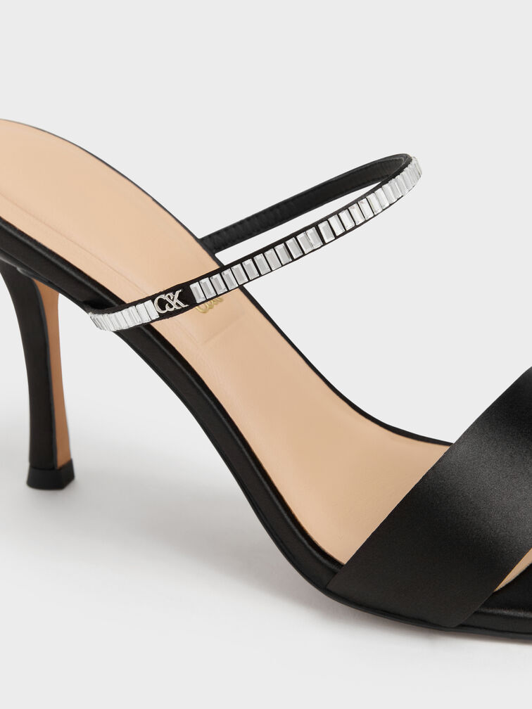 Gem Heeled Mules, Black Textured, hi-res