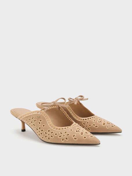 Leather Embroidered Heeled Mules, Beige, hi-res
