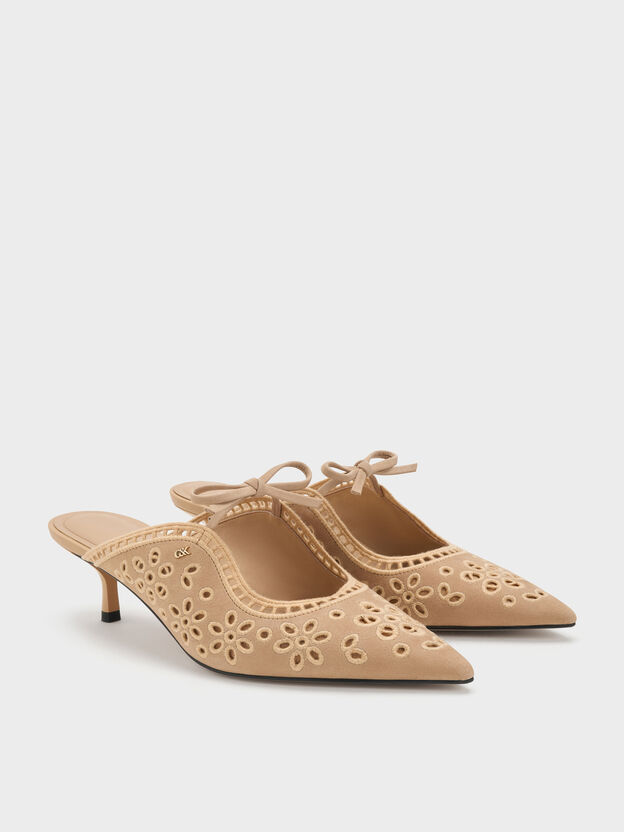 Leather Embroidered Heeled Mules, Beige, hi-res
