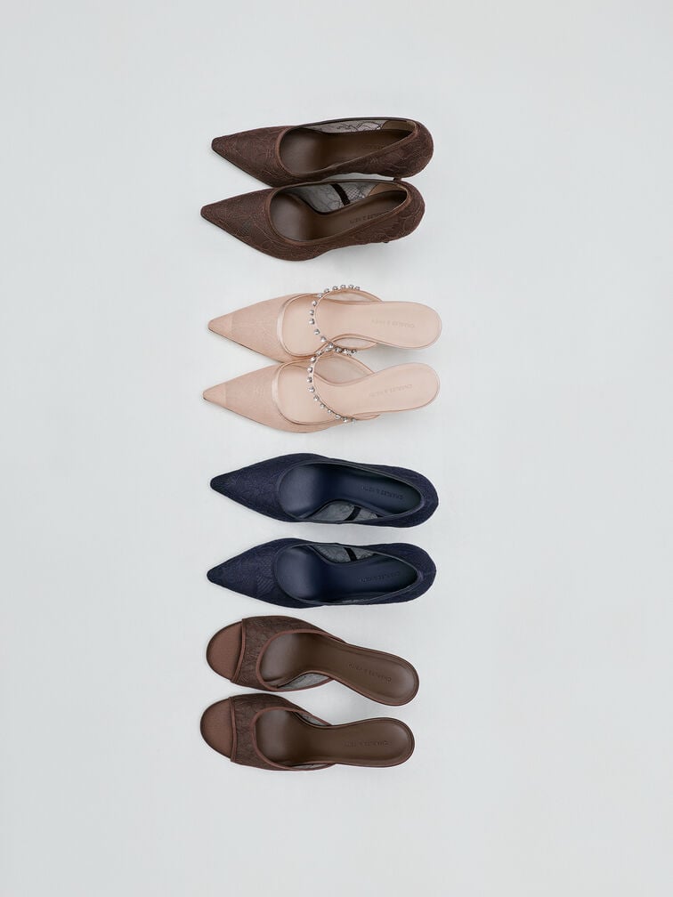 Lace & Satin Crystal Heeled Mules, Nude, hi-res