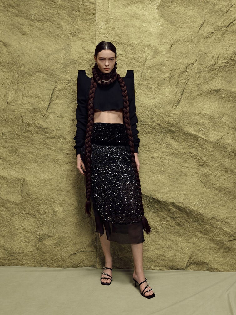 Jessy Gem-Bow Heeled Sandals, Black Textured, hi-res