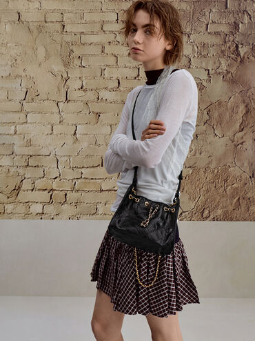 Duo Quilted Drawstring Bucket Bag, Black, hi-res