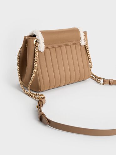 Donna Faux Suede Fur-Trim Shoulder Bag, Tan, hi-res