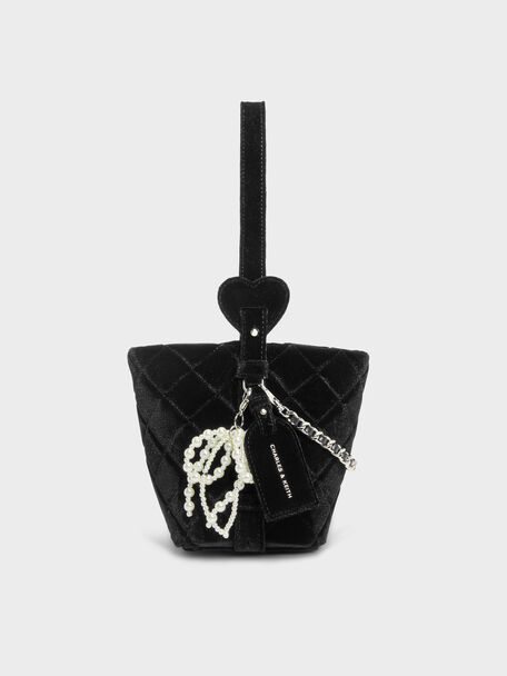 Duo Velvet Quilted Chain Bucket Bag, Noir, hi-res