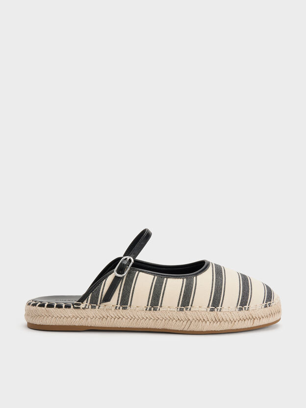 Striped Mary Jane Espadrille Mules, Black Textured, hi-res