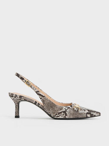 Leslie Snake-Print Metallic-Accent Slingback Pumps, Animal Print Natural, hi-res