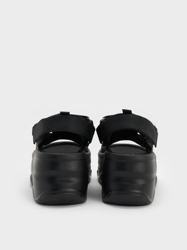 Elastane Flatform Sports Sandals, Black Textured, hi-res