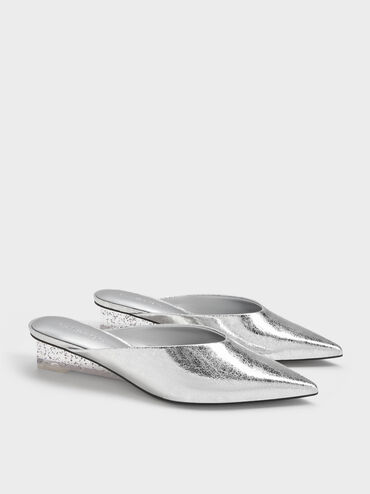 Metallic Crinkle-Effect Speckled-Heel Wedge Mules​, Silver, hi-res