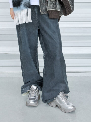 Yunna Metallic Leather & Recycled Fabric Chunky Sneakers, Silver, hi-res