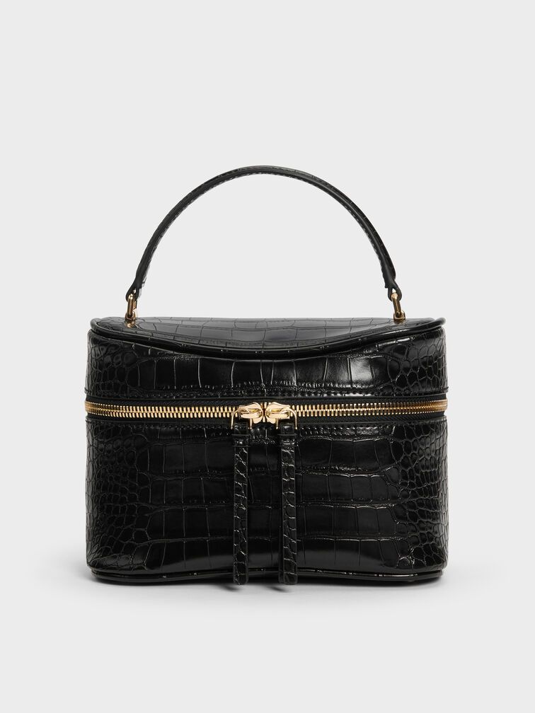Pansy Croc-Effect Vanity Bag, Black, hi-res