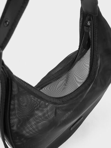 Mesh Crescent Hobo Bag, Jet Black, hi-res