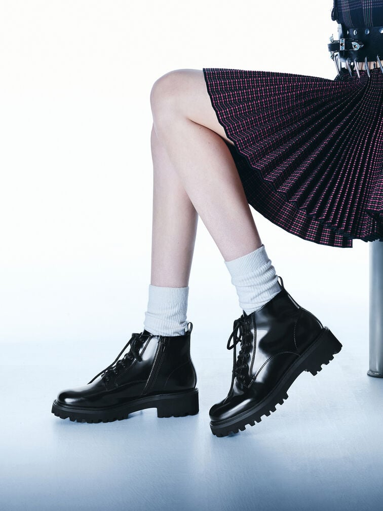 Ridged-Sole Side-Zip Combat Boots, Black Box, hi-res