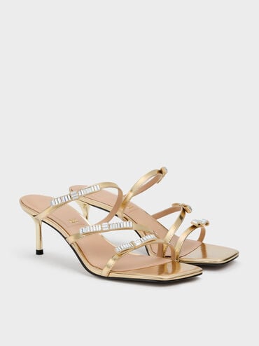 Jessy Leather Gem-Bow Heeled Sandals, Gold, hi-res
