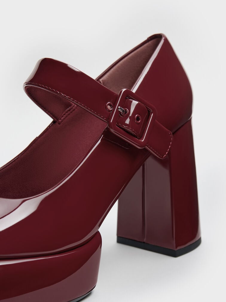 Patent Block-Heel Platform Mary Jane Pumps, Burgundy, hi-res