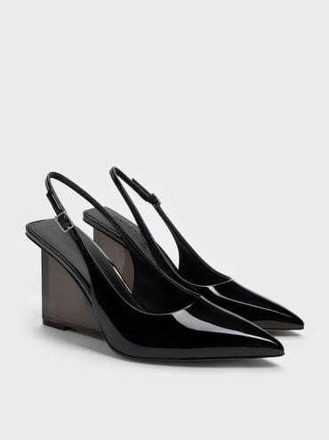 Patent Translucent-Heel Slingback Wedges, Black Patent, hi-res