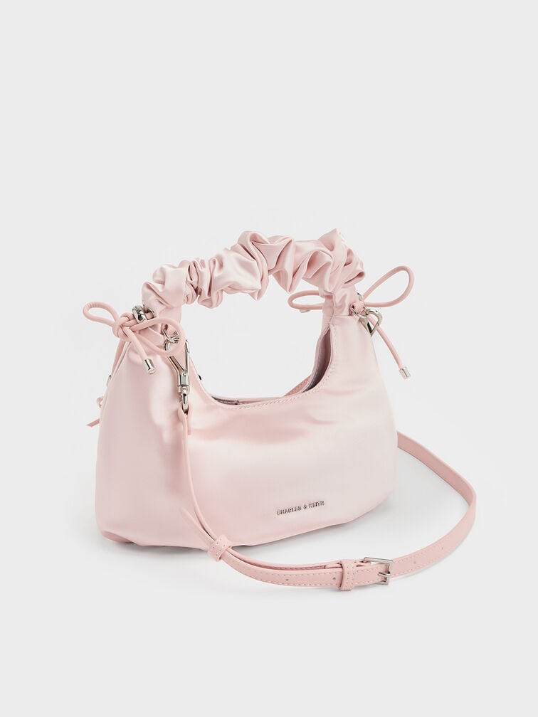 Satin Bow Ruched-Handle Bag, Baby Pink, hi-res