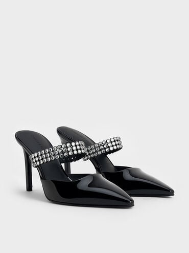Patent Crystal-Embellished Heeled Mules, Black Patent, hi-res