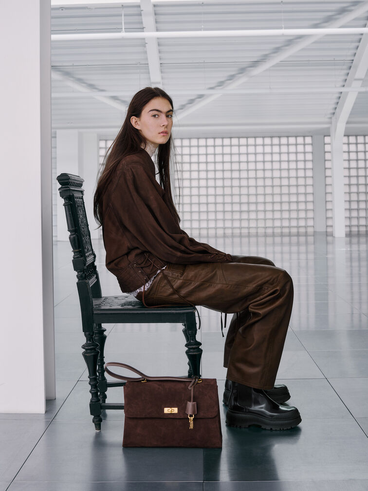 Kerry Recycled Suede Top Handle Satchel Bag, Espresso Brown, hi-res