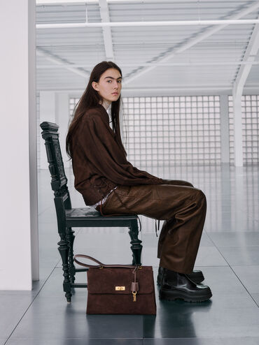 Kerry Recycled Suede Top Handle Satchel Bag, Espresso Brown, hi-res