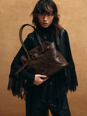 Victoria Belted Trapeze Tote Bag, Distressed Coffee, hi-res