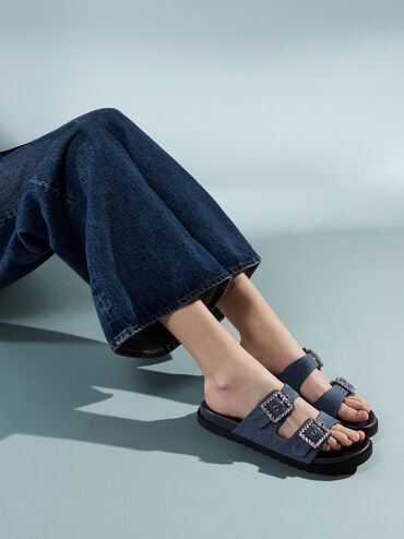 Denim Gem-Buckle Double-Strap Sandals, Denim Blue, hi-res