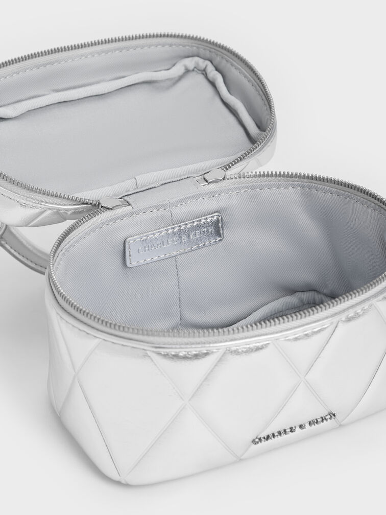 Arwen Metallic Quilted Top Handle Vanity Bag, Silver, hi-res