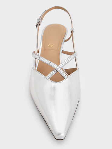 Metallic Leather & Satin Crystal-Embellished Slingback Pumps, Silver, hi-res