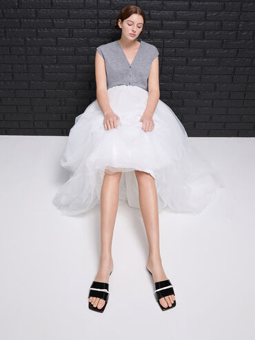 Two-Tone Bow Slide Sandals, Black Box, hi-res