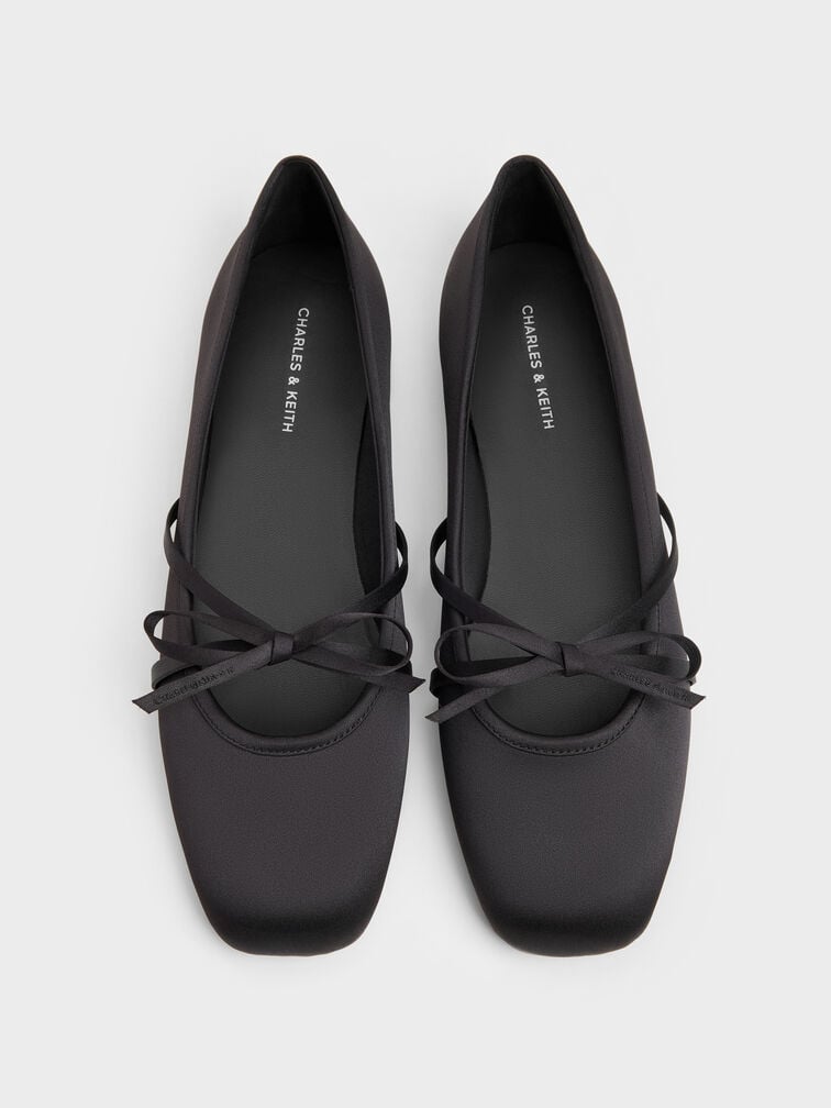 Satin Bow Ballet Flats, Black Textured, hi-res