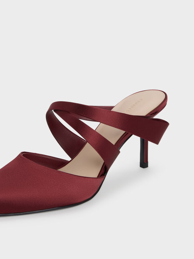 Satin Pleated-Strap Heeled Mules, Red, hi-res