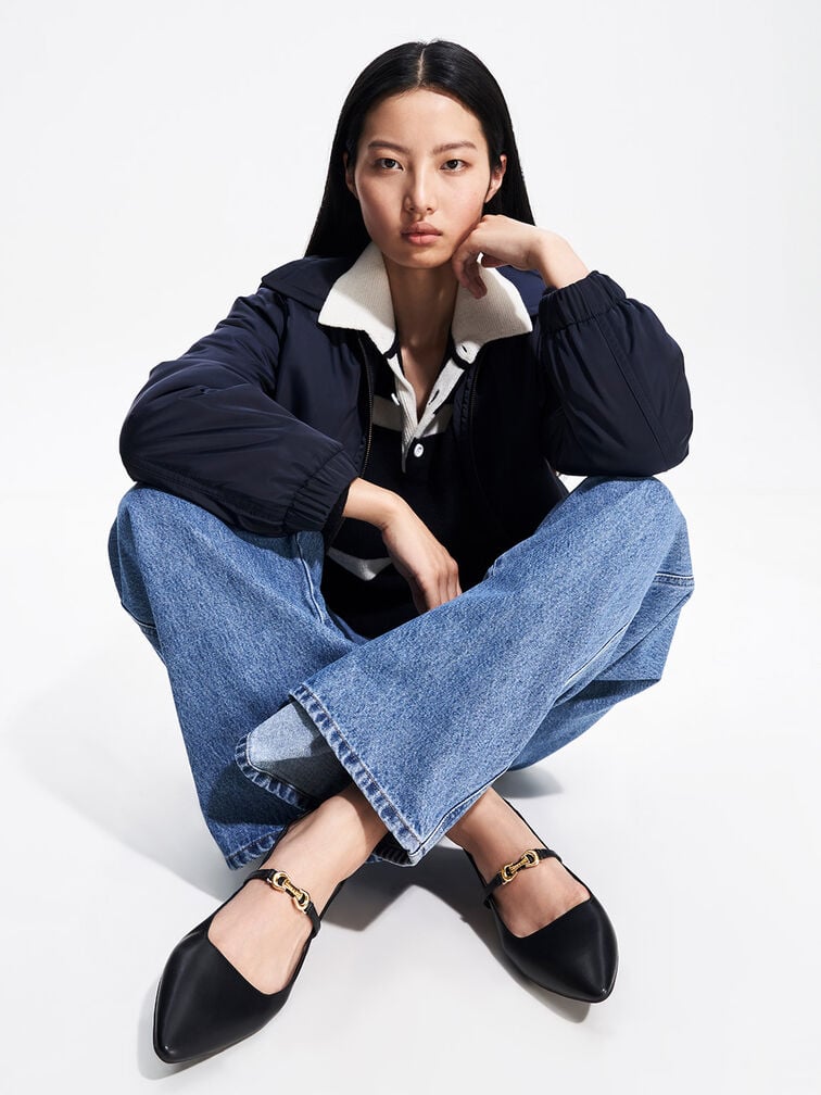 Trifina Metallic-Accent Pointed-Toe Slingback Flats, Black, hi-res