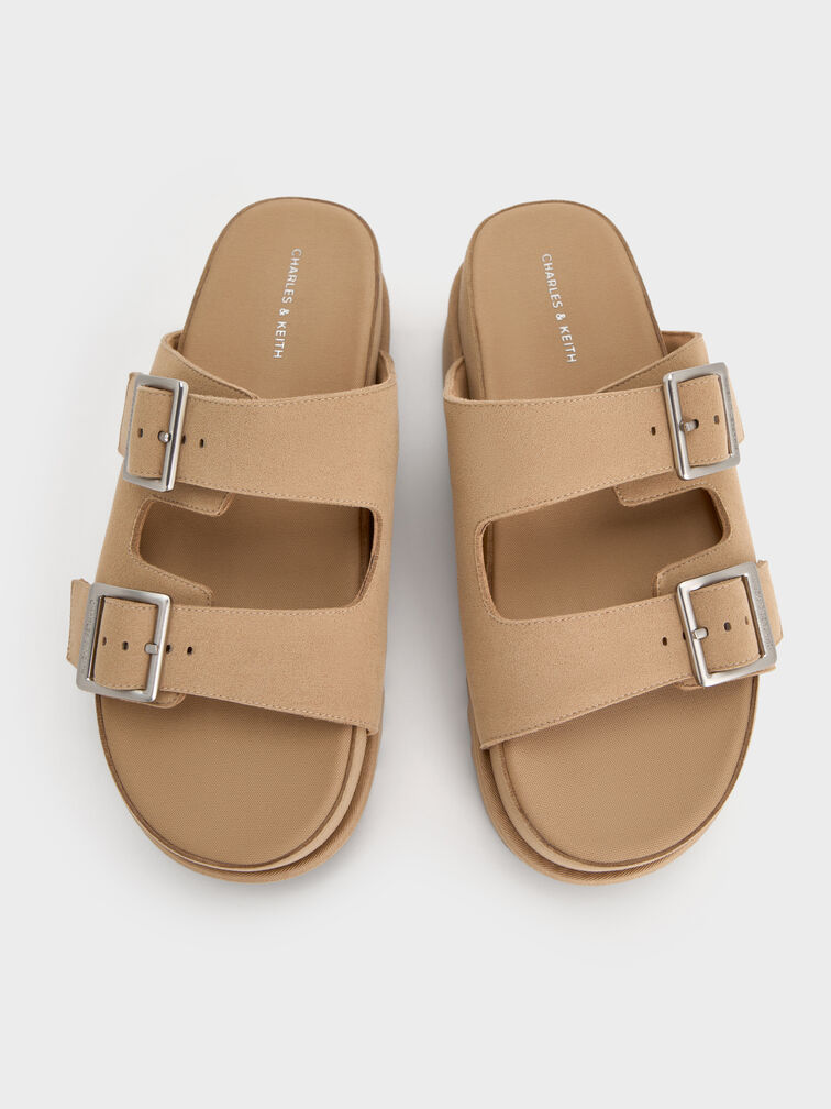 Buckled Double-Strap Flatform Sandals, Beige, hi-res