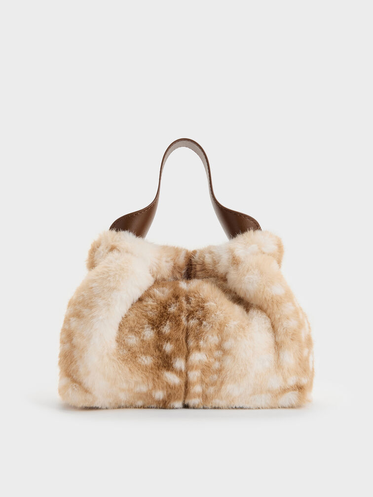 Ally Furry Deer-Print Top-Handle Bag, Animal Print Brown, hi-res