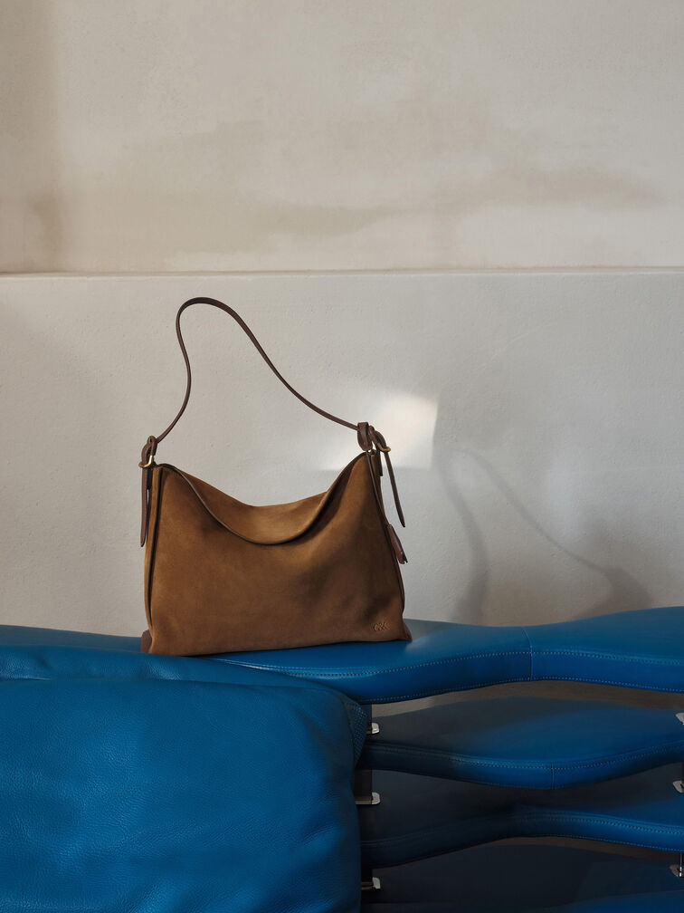 Large Leather & Suede Top-Flap Hobo Bag, Brown, hi-res