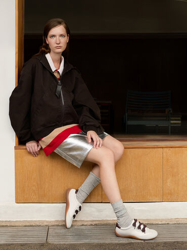 Satin Textured Contrast-Panel Triple-Bow Sneakers, Chalk, hi-res