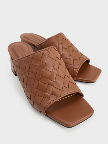 Ivette Woven Square-Toe Heeled Mules, Brown, hi-res