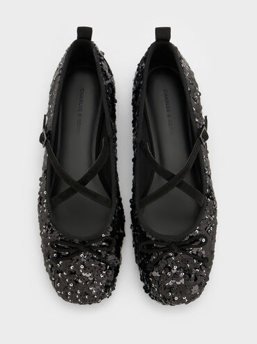 Sequinned Crossover Mary Jane Flats, Black Textured, hi-res
