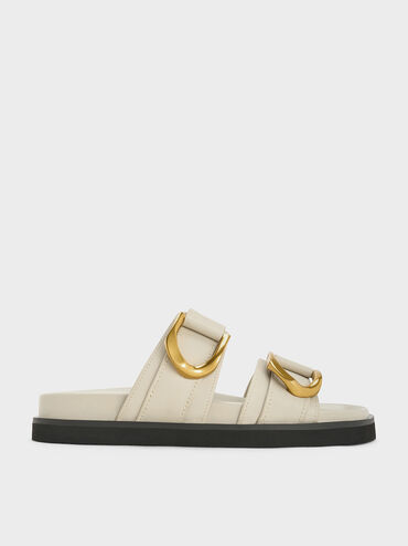 Gabine Gold-Buckle Leather Slides, Chalk, hi-res