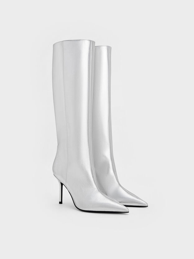 Metallic Pointed Stiletto Knee-High Boots, Silver, hi-res