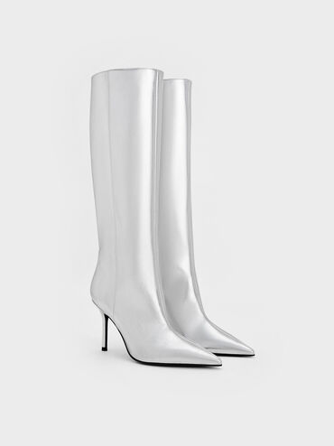 Metallic Pointed-Toe Stiletto-Heel Knee-High Boots, Silver, hi-res